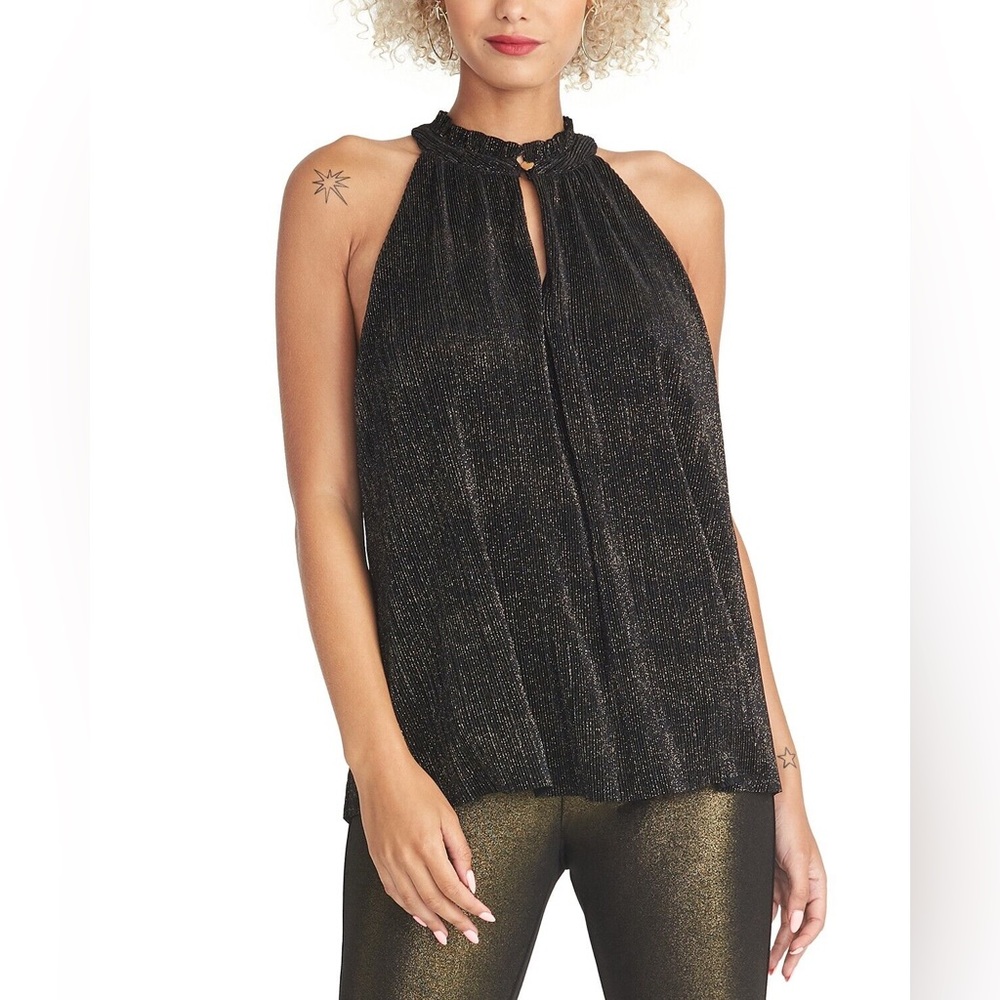 NEW Rachel Rachel Roy Black Gold Metallic Pleated Halter Neck Top